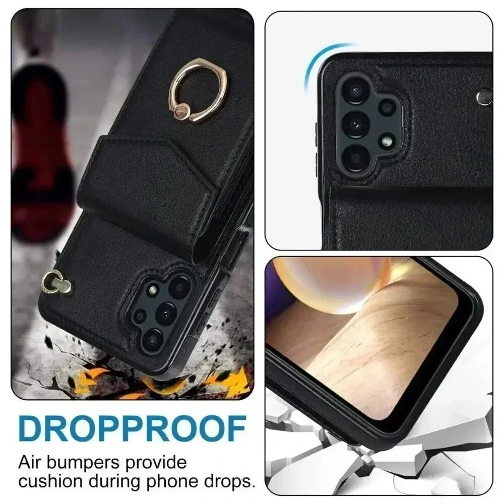 Leather Wallet‎ Case Galaxy A13 5G 360° Ring Kickstand With Strap RFID Black